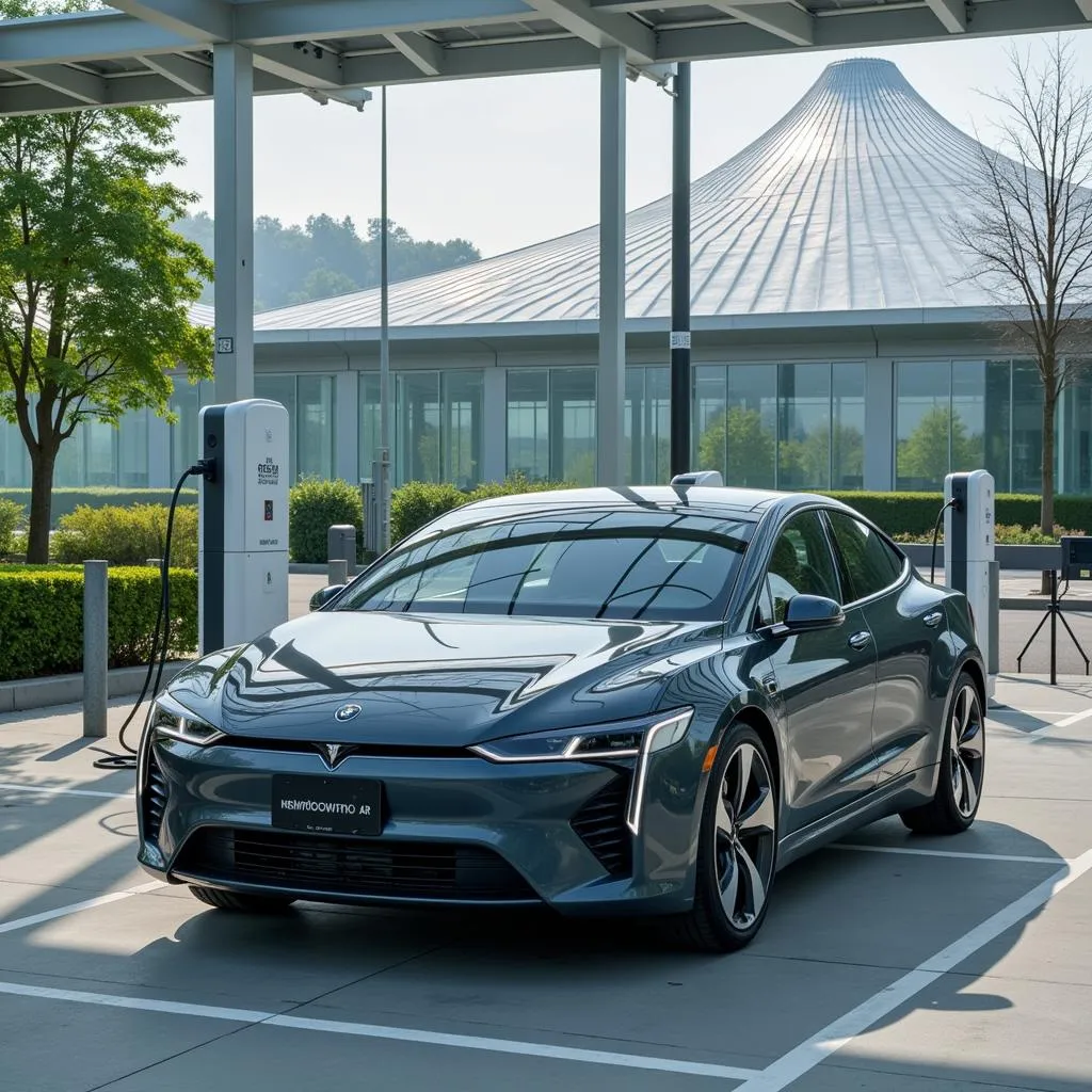 Electric car charging at a modern facility