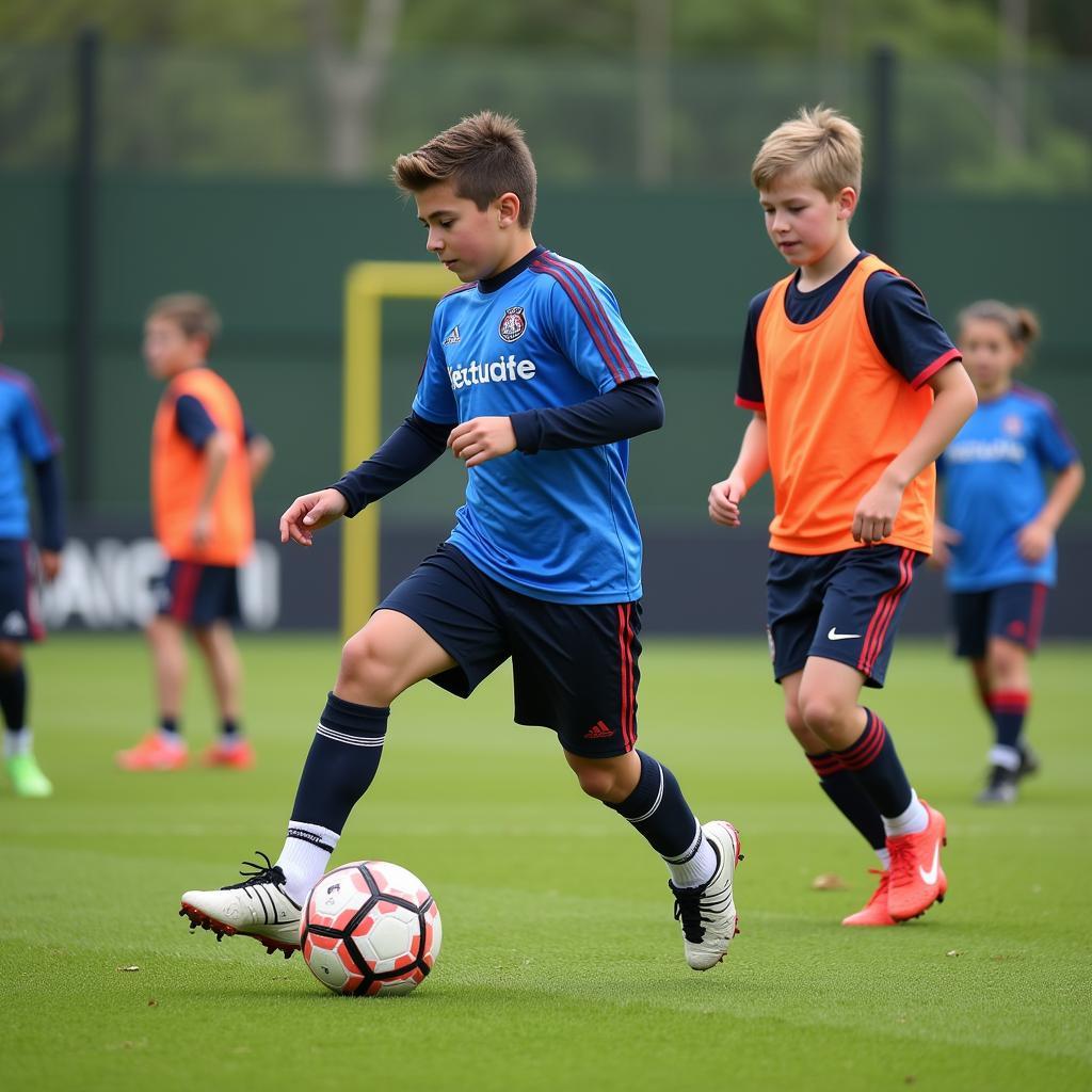 Young English footballers training at a football academy