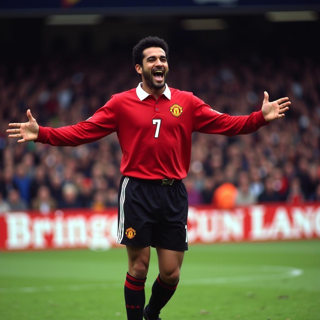 Eric Cantona celebrates a goal for Manchester United