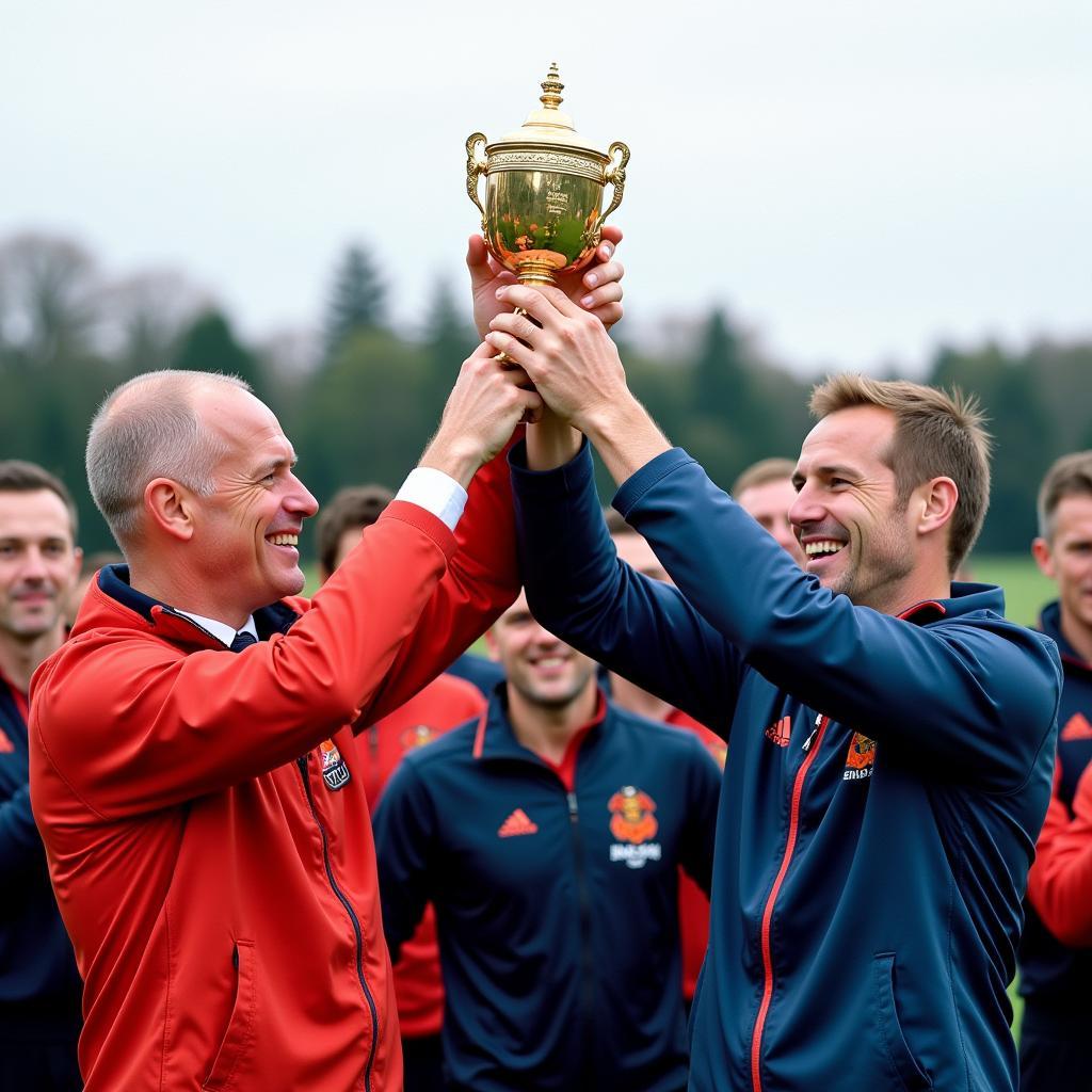 Erling Haaland and his manager hoisting a trophy