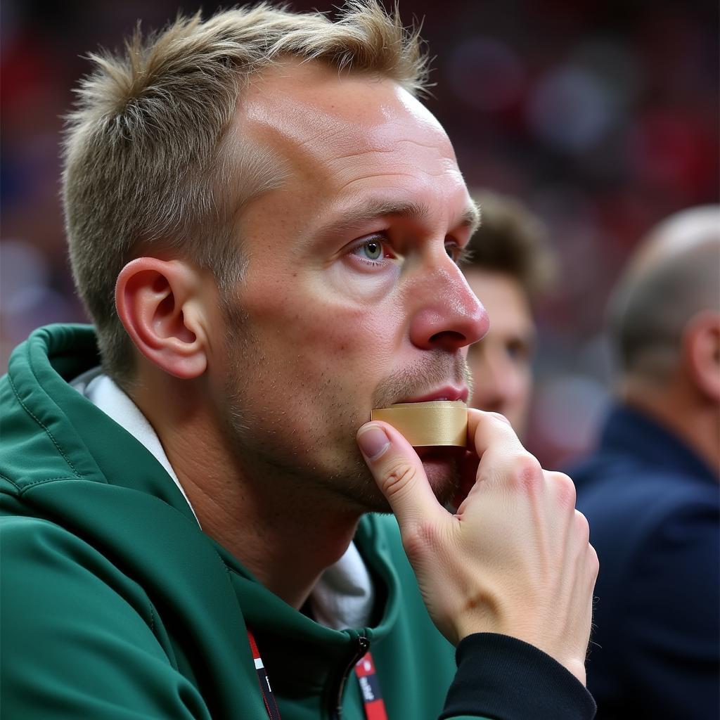 Erling Haaland on the bench with what appears to be tape on his mouth