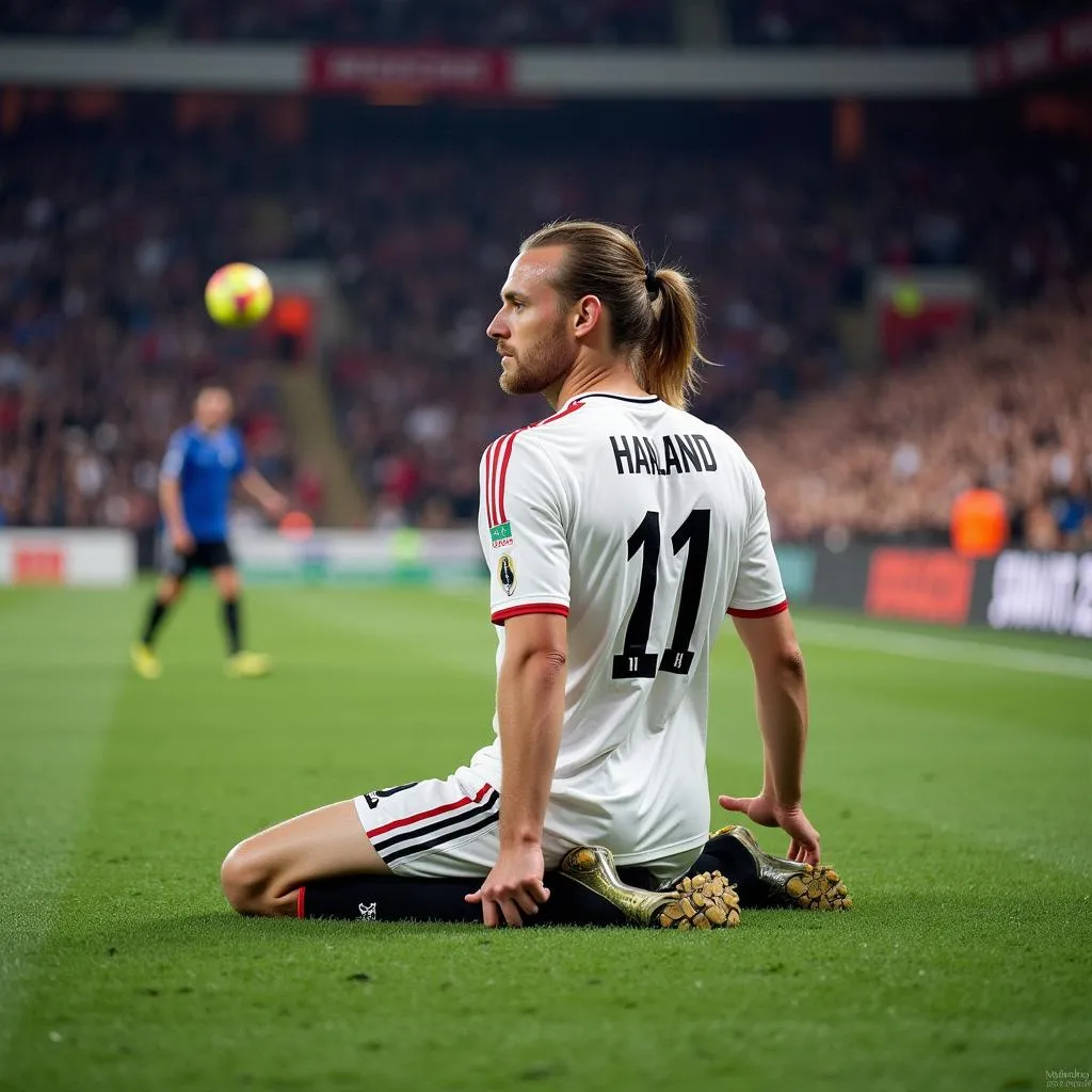 Erling Haaland celebrates a goal with his signature meditation pose.