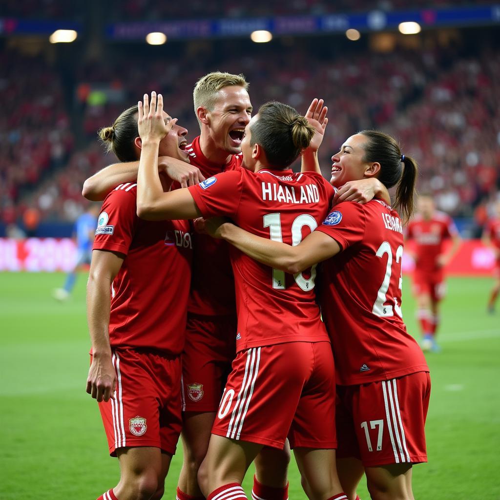 Erling Haaland celebrates a goal with his teammates, a look of pure joy on his face.