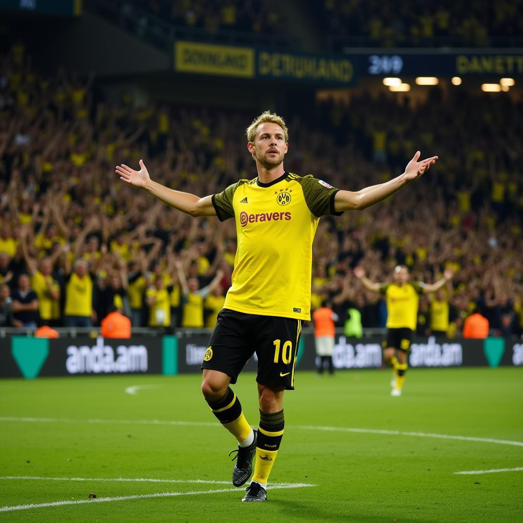 Erling Haaland celebrates a goal with Borussia Dortmund