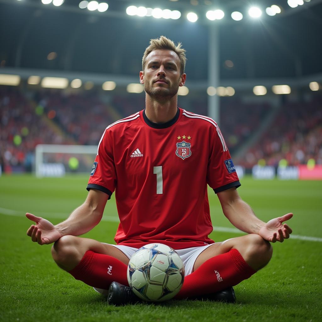 Erling Haaland celebrates a goal with his signature meditation pose.