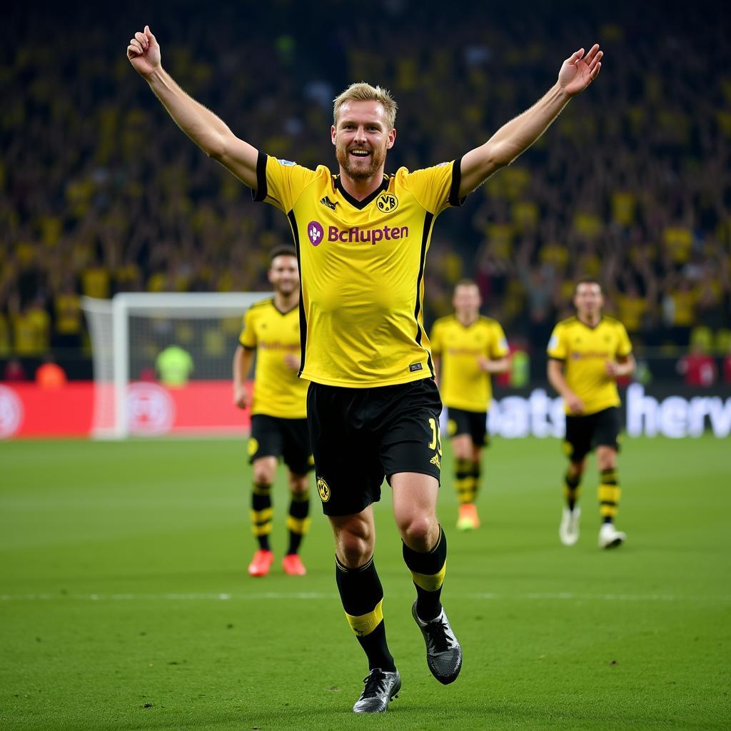 Erling Haaland celebrates a goal with Borussia Dortmund