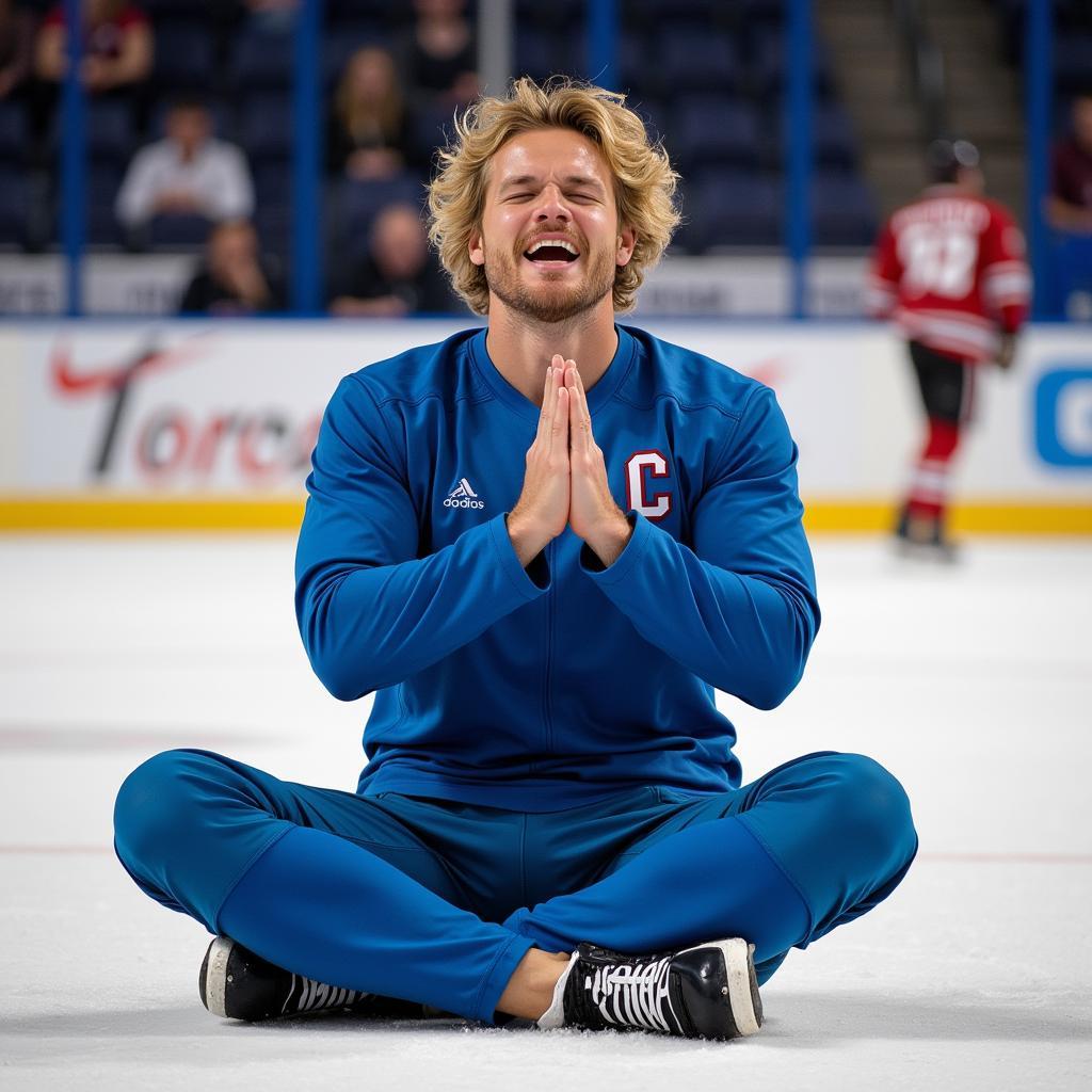 Erling Haaland celebrates scoring a goal with his signature meditation pose.