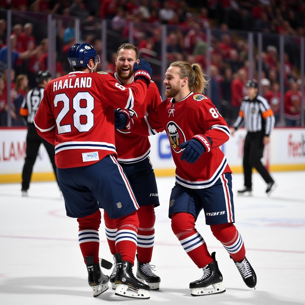 Erling Haaland celebrating a goal with teammates.