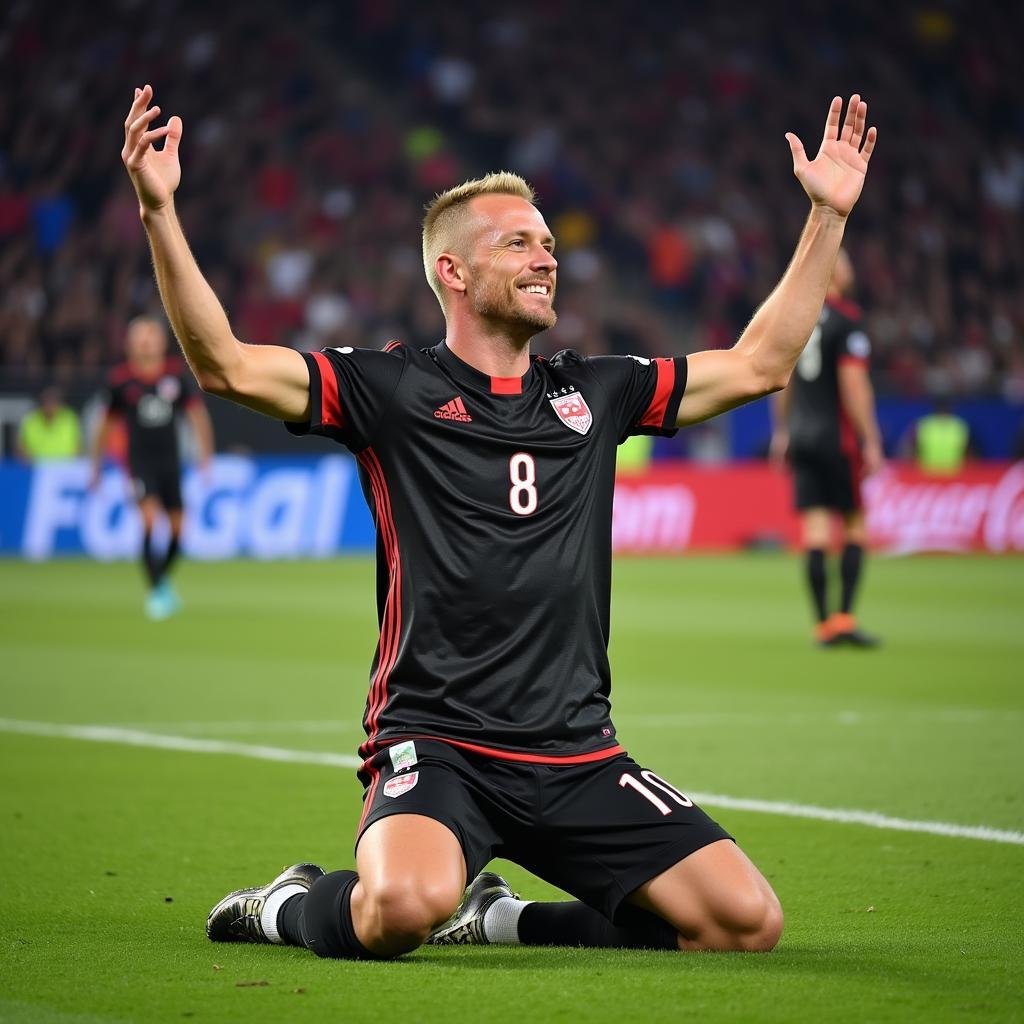 Erling Haaland celebrating a goal with his signature meditation pose