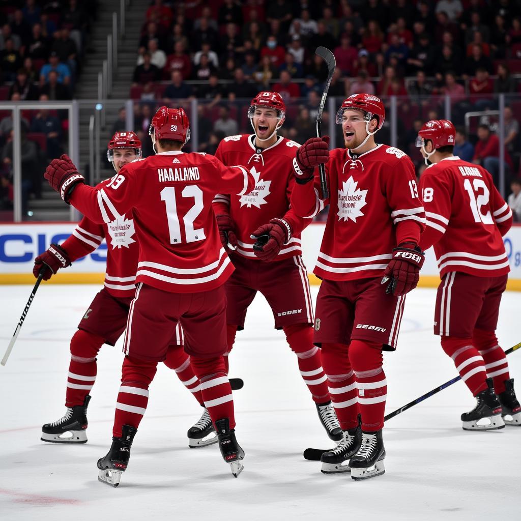 Erling Haaland celebrates a goal with his teammates.