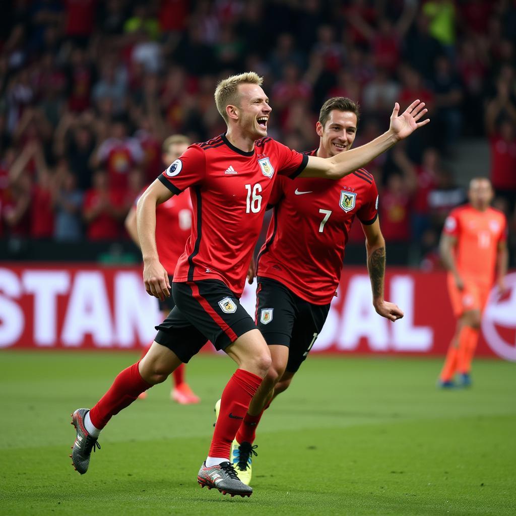 Erling Haaland celebrates scoring a goal with teammates