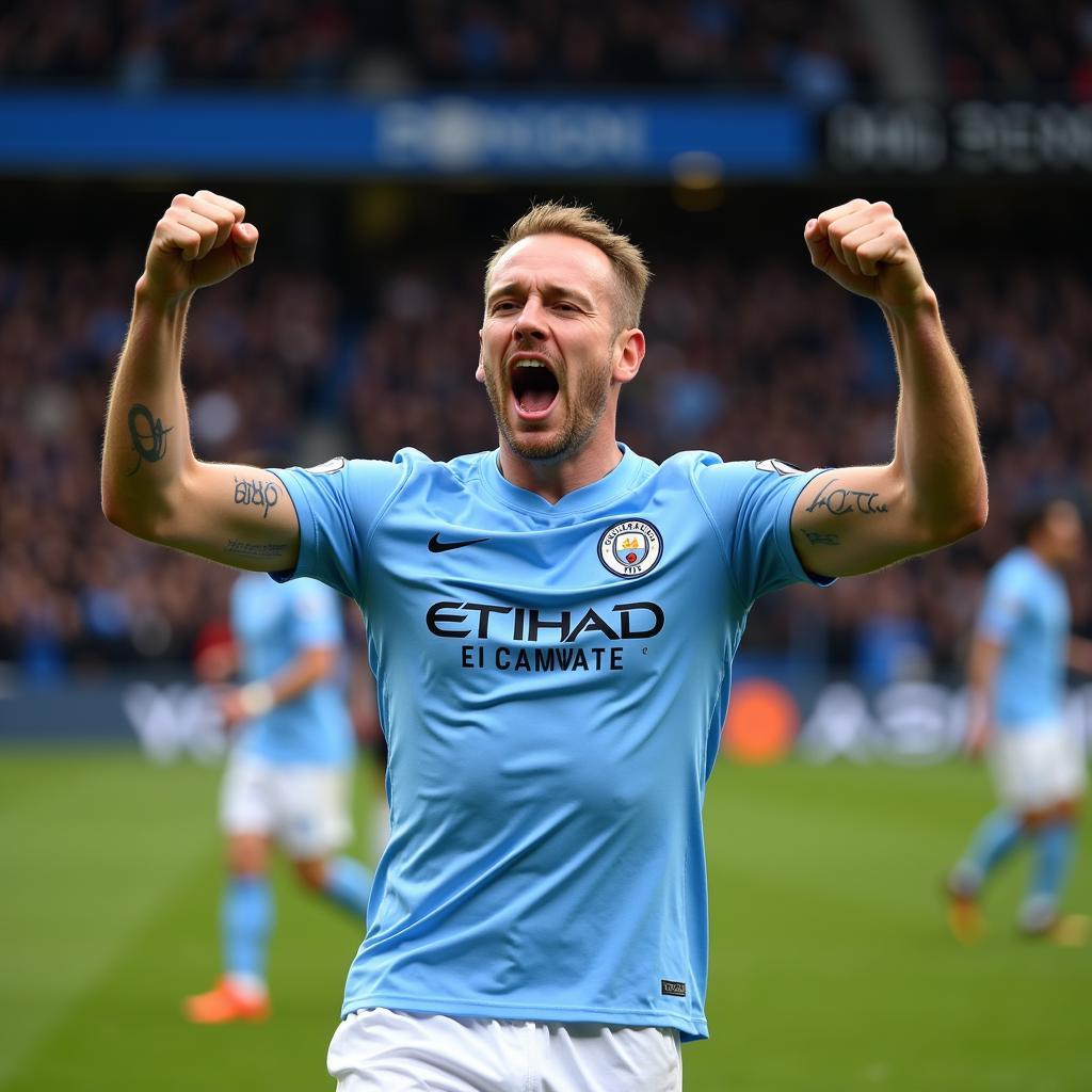 Erling Haaland celebrates a goal with Manchester City