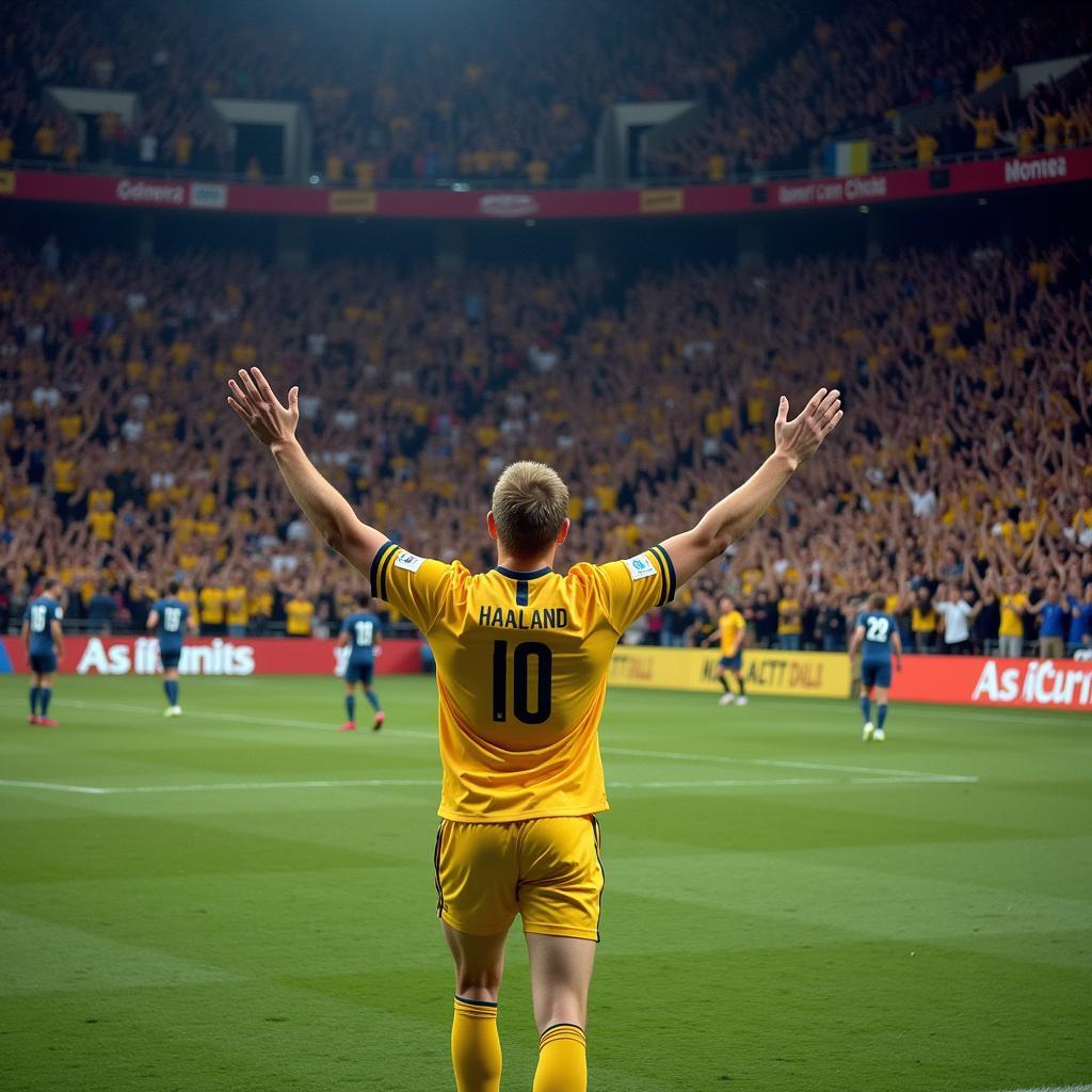 Erling Haaland celebrates a goal with ecstatic fans