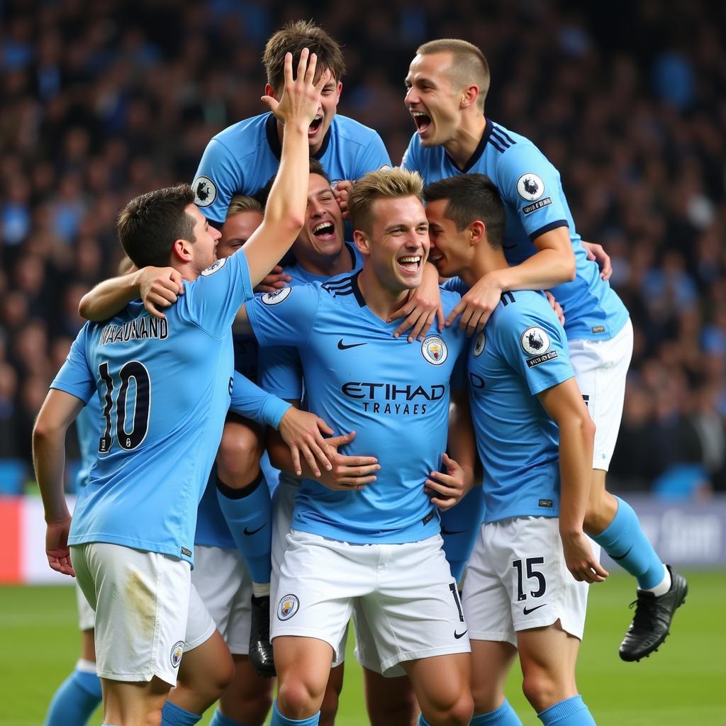 Erling Haaland celebrating a goal with his teammates