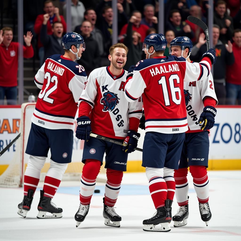 Erling Haaland celebrates a goal with his teammates