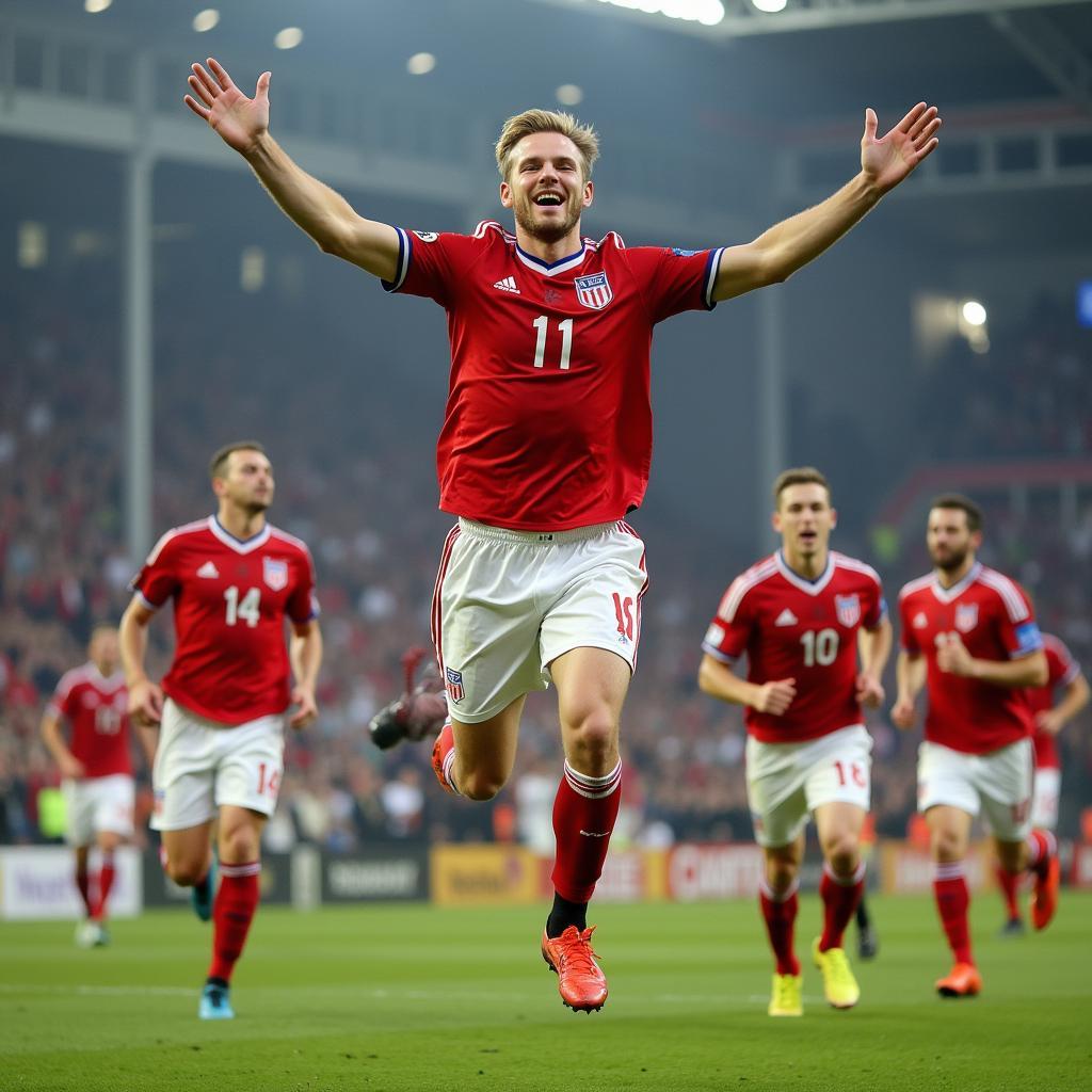 Erling Haaland celebrating a goal with his teammates