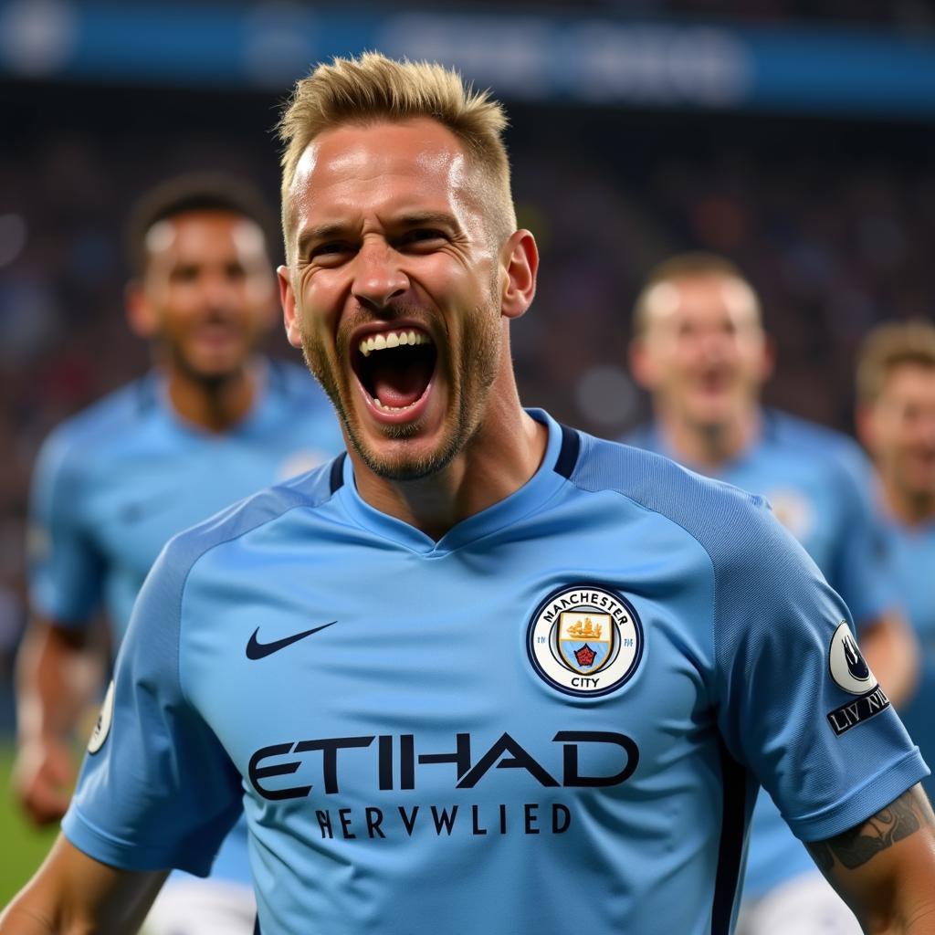 Erling Haaland celebrates a goal with Manchester City