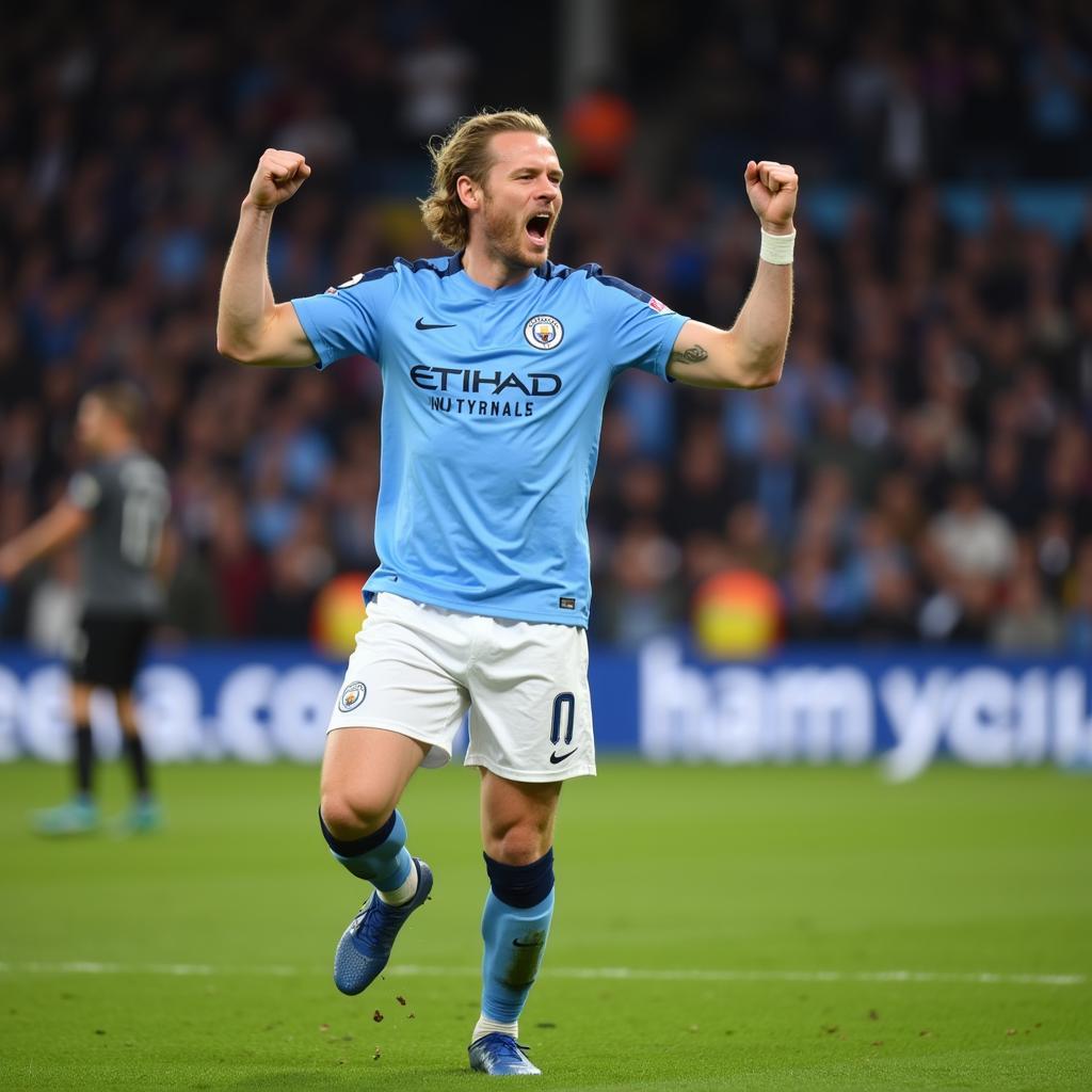 Erling Haaland celebrates a goal in his Manchester City kit