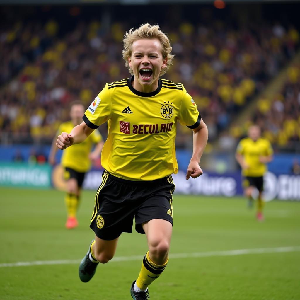 Erling Haaland celebrates a goal with Borussia Dortmund