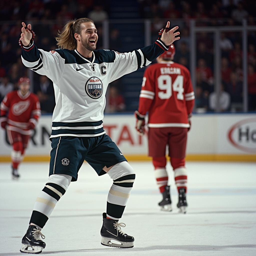 Erling Haaland celebrates scoring a goal, holding up his signature meditation pose