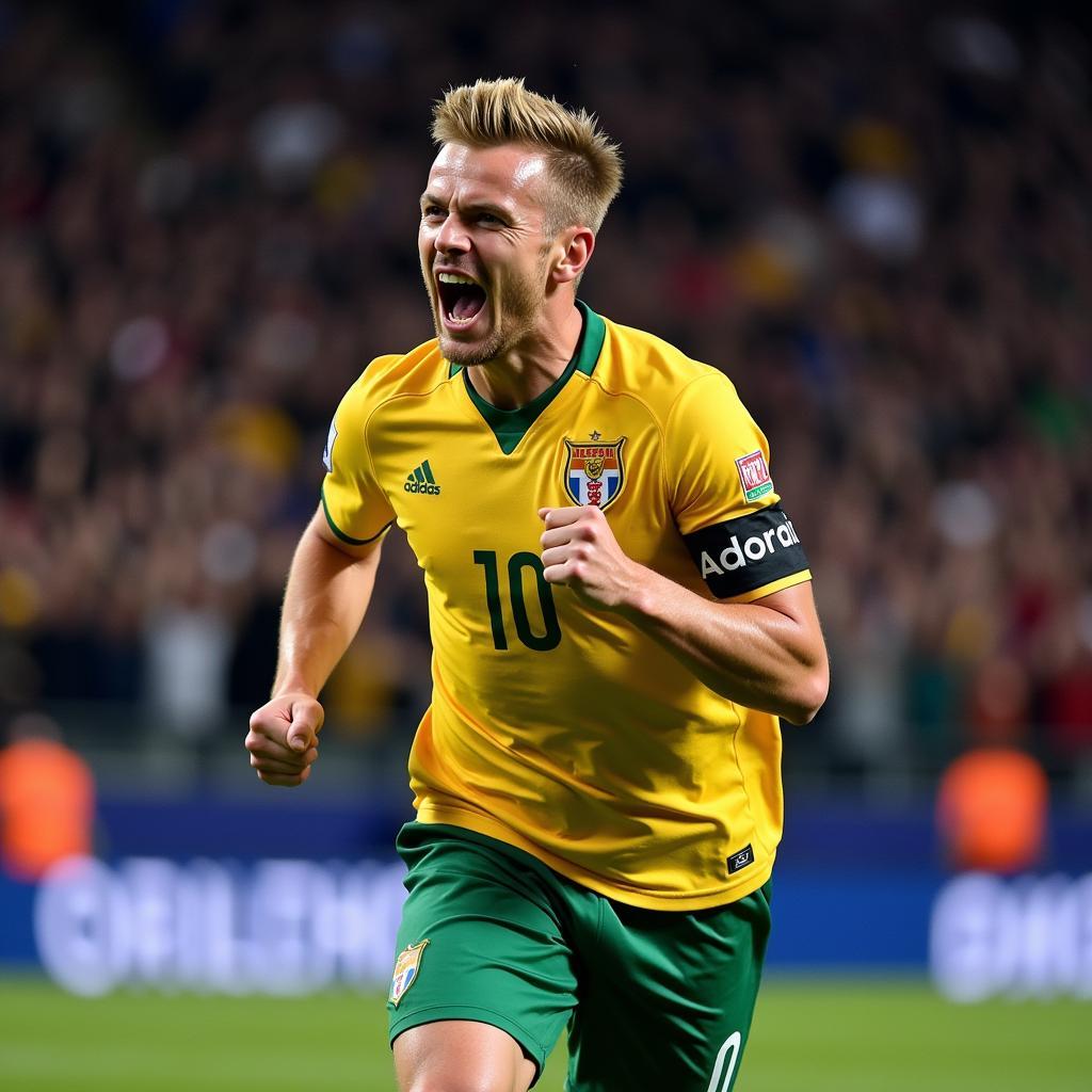 Erling Haaland celebrates a goal scored with a powerful header.