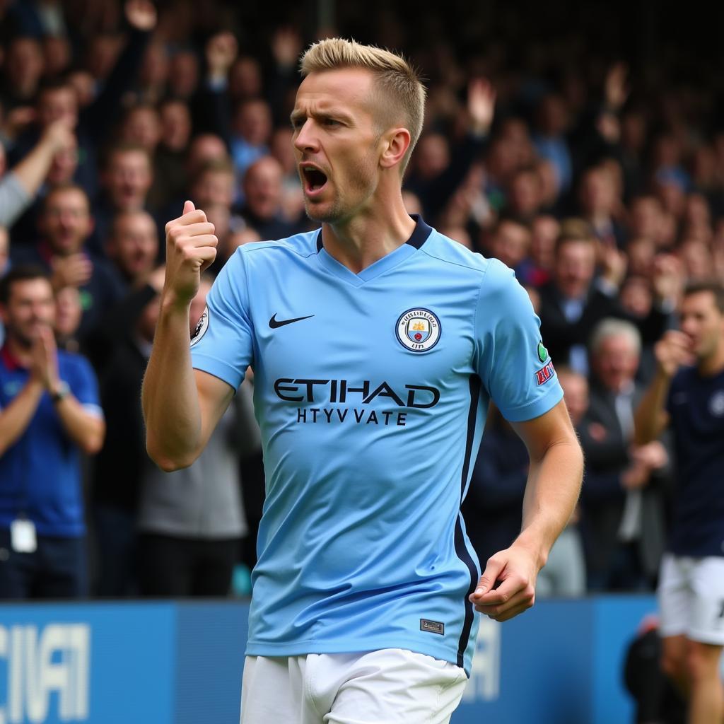 Erling Haaland celebrates a goal for Man City