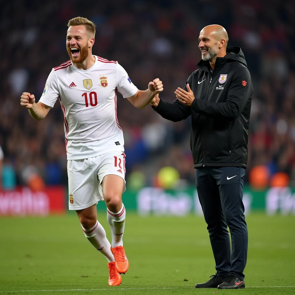 Erling Haaland celebrating a goal for Manchester City with Pep Guardiola in the background