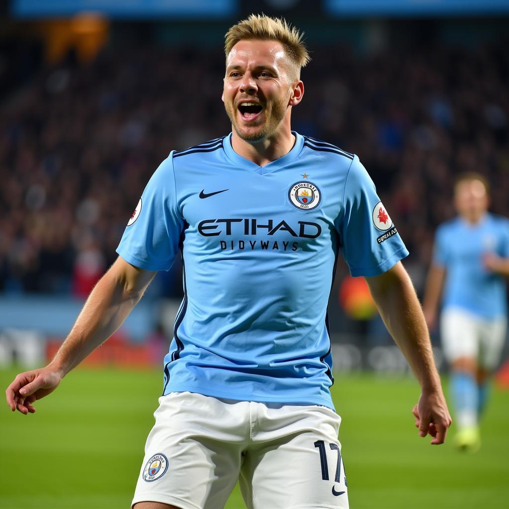 Erling Haaland celebrating a goal in a Manchester City kit