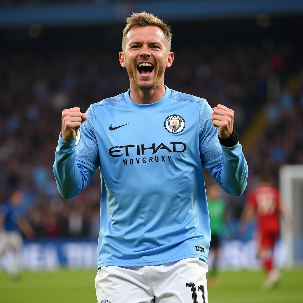 Erling Haaland celebrating a goal in his Manchester City kit