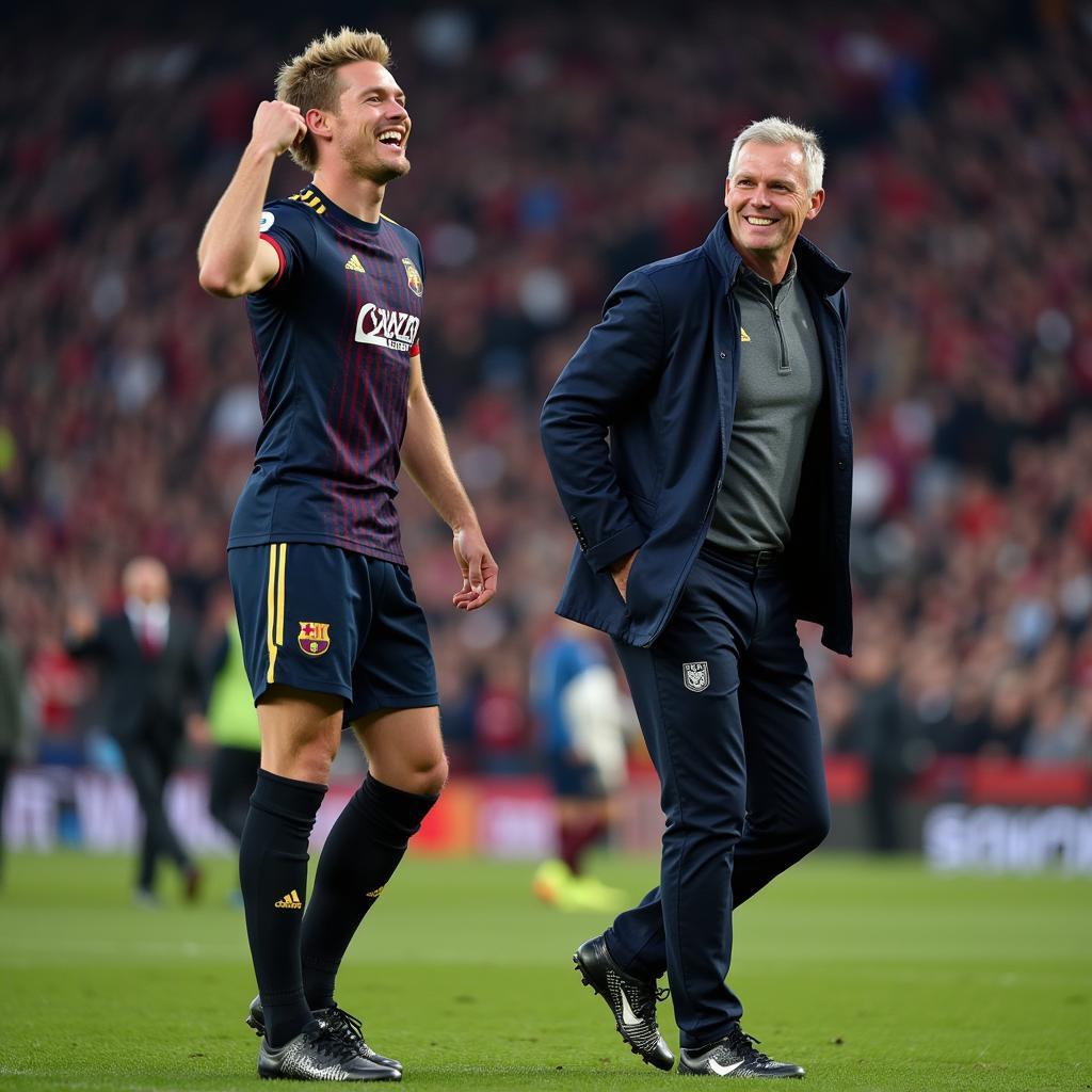 Erling Haaland celebrating a goal with his manager