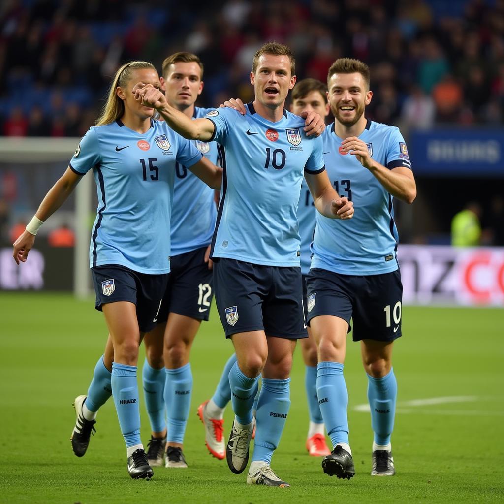 Erling Haaland celebrating a goal with his teammates