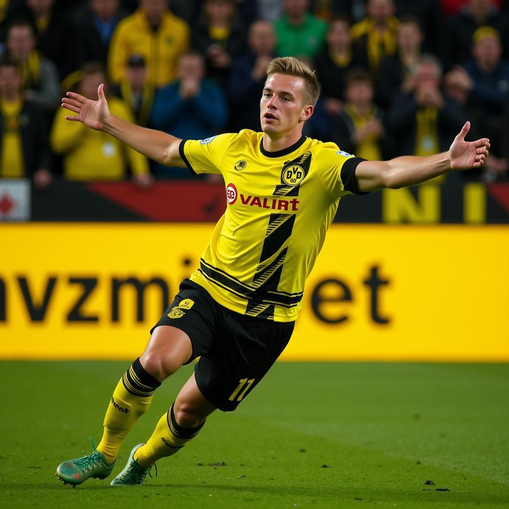 Erling Haaland celebrates a goal with Borussia Dortmund