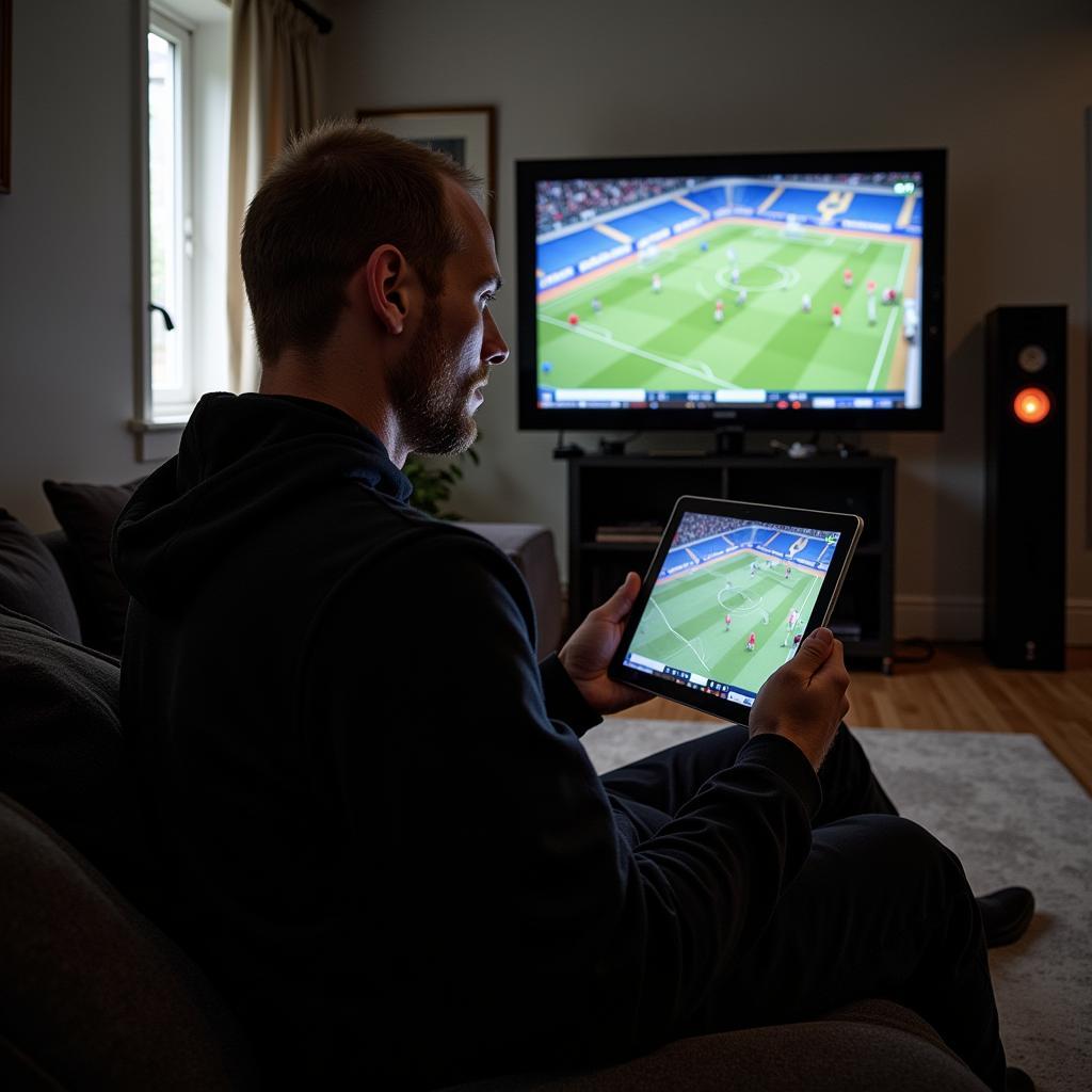 Erling Haaland analyzing match footage on a tablet while sitting on a couch