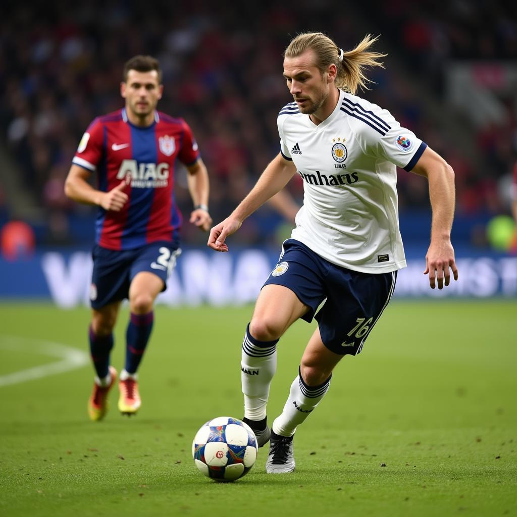 Erling Haaland dribbles past a defender