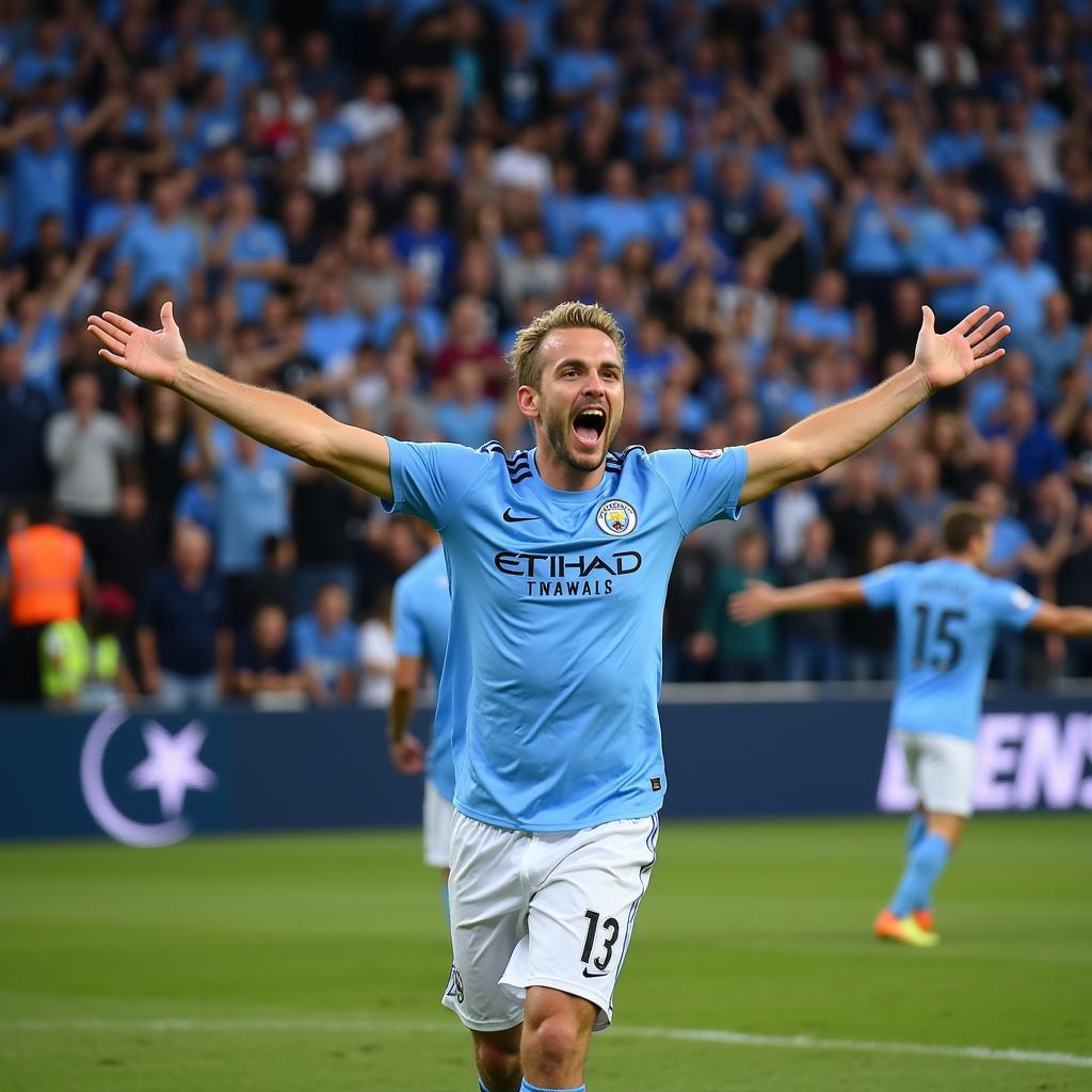 Erling Haaland celebrating a goal with Manchester City fans