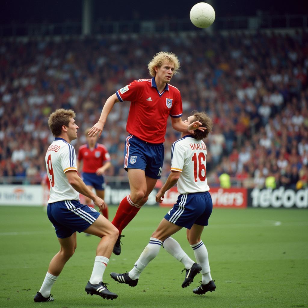 Erling Haaland leaping high for a header