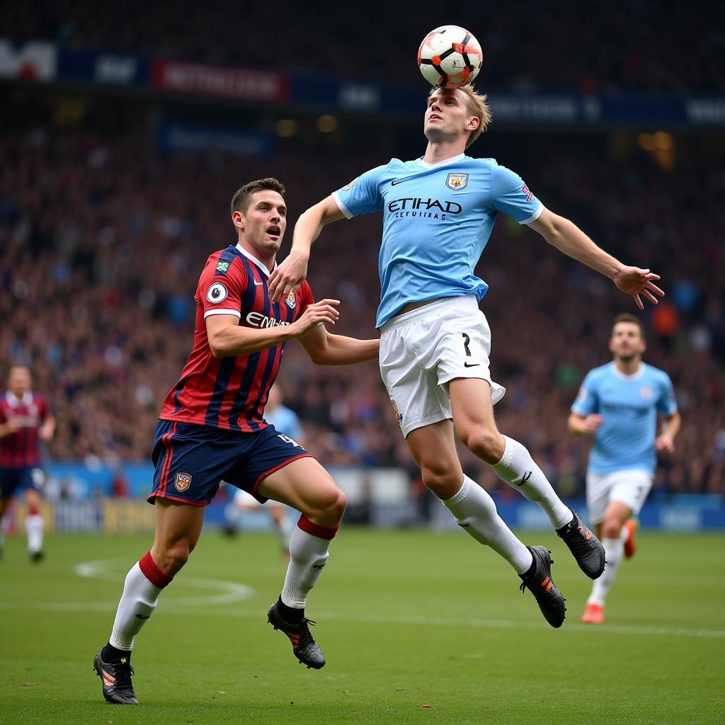 Erling Haaland leaps high to score a powerful header for Manchester City