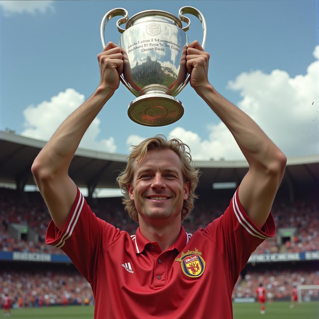 Erling Haaland holds the Champions League trophy aloft.