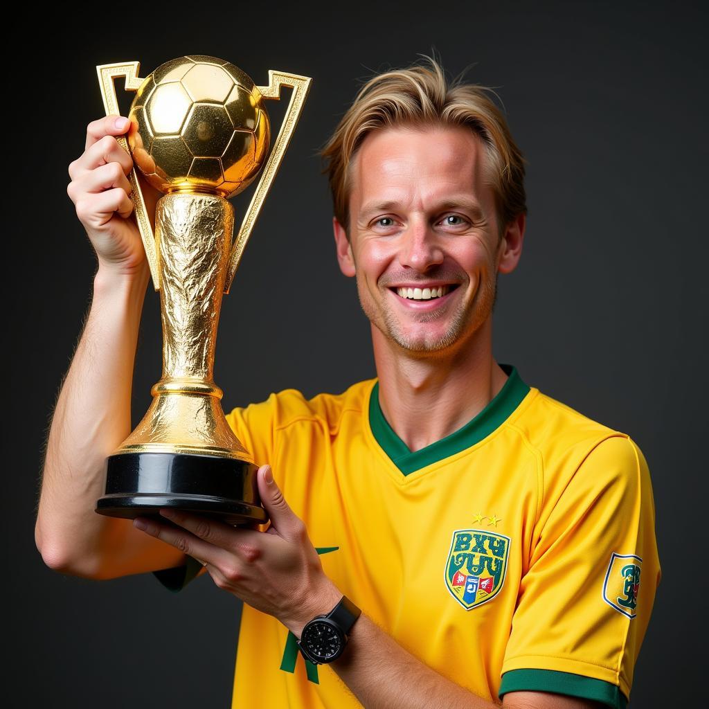 Erling Haaland proudly holding up a Golden Boot award.