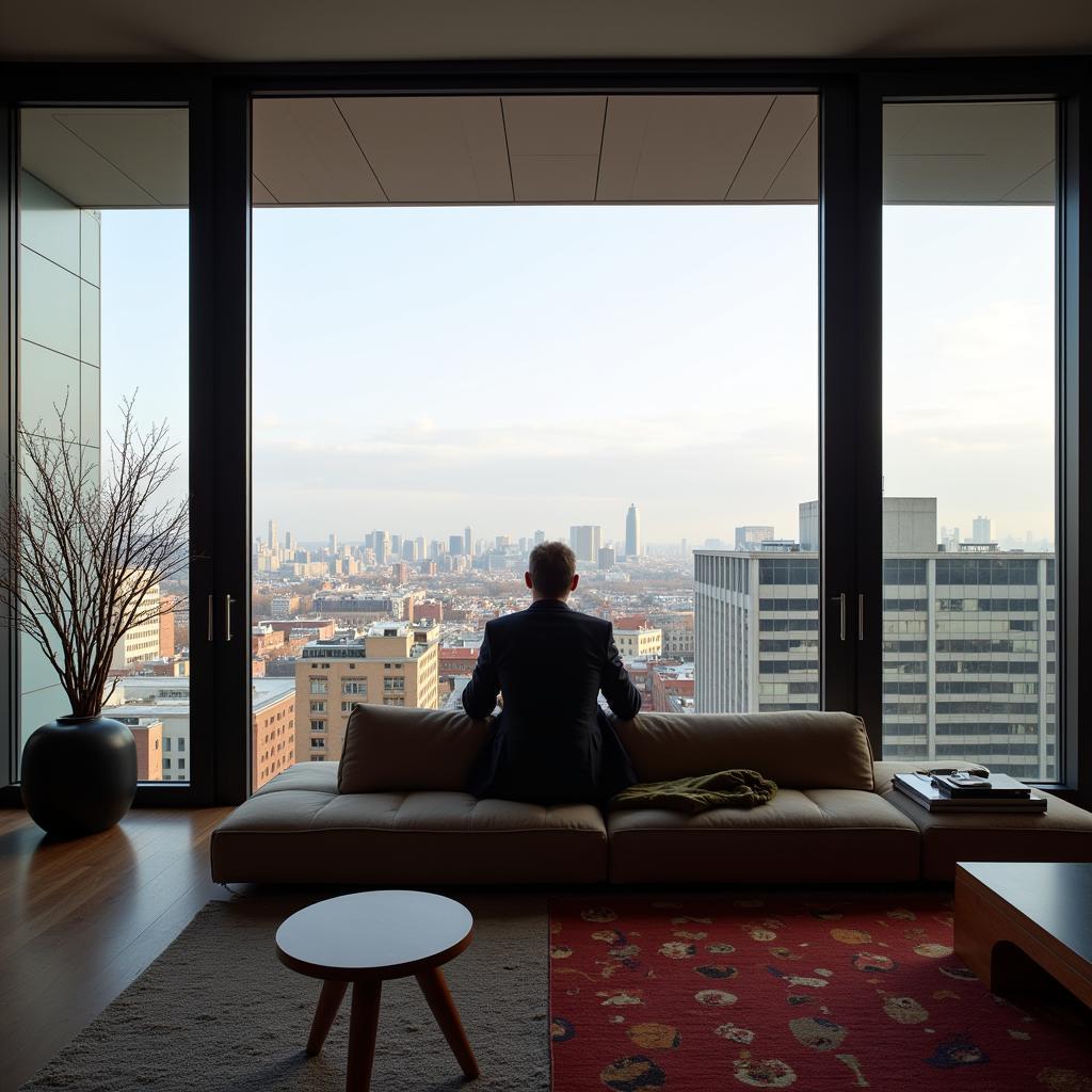 Erling Haaland relaxing in a modern apartment overlooking a bustling city