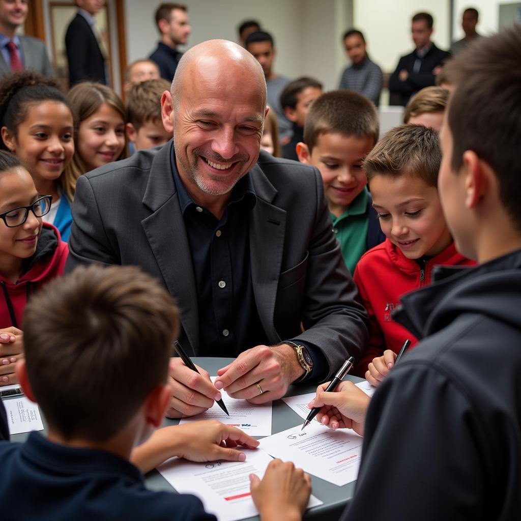 Erling Haaland smiles and interacts with young fans, signing autographs and posing for pictures. This image portrays his approachable and humble nature, despite his superstar status