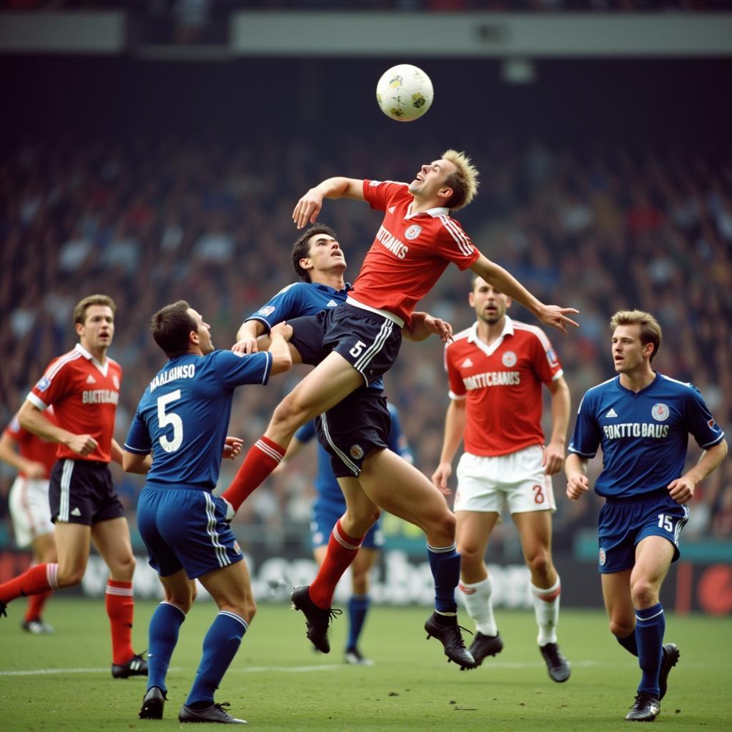 Erling Haaland leaps above defenders to challenge for a header.