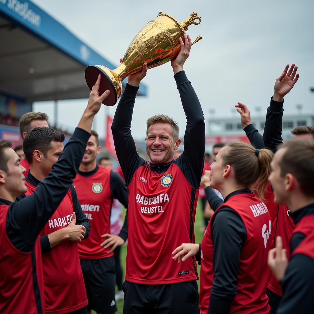 Erling Haaland lifts a trophy with his team, a testament to his winning mentality.