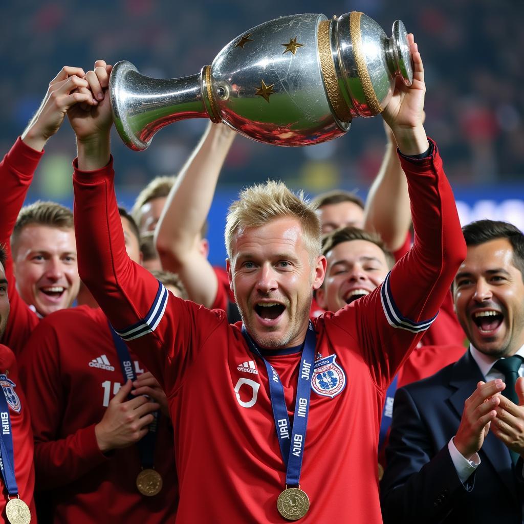 Erling Haaland holding a trophy aloft in celebration.