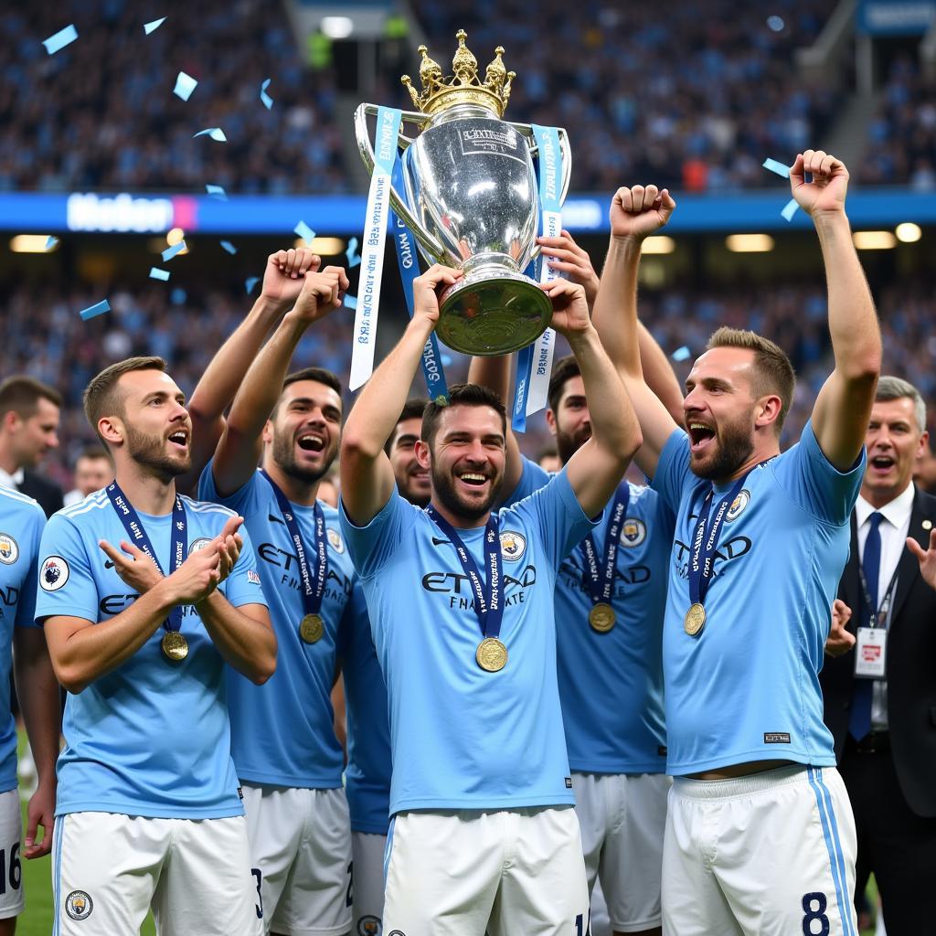 Erling Haaland lifts a trophy with his Manchester City teammates