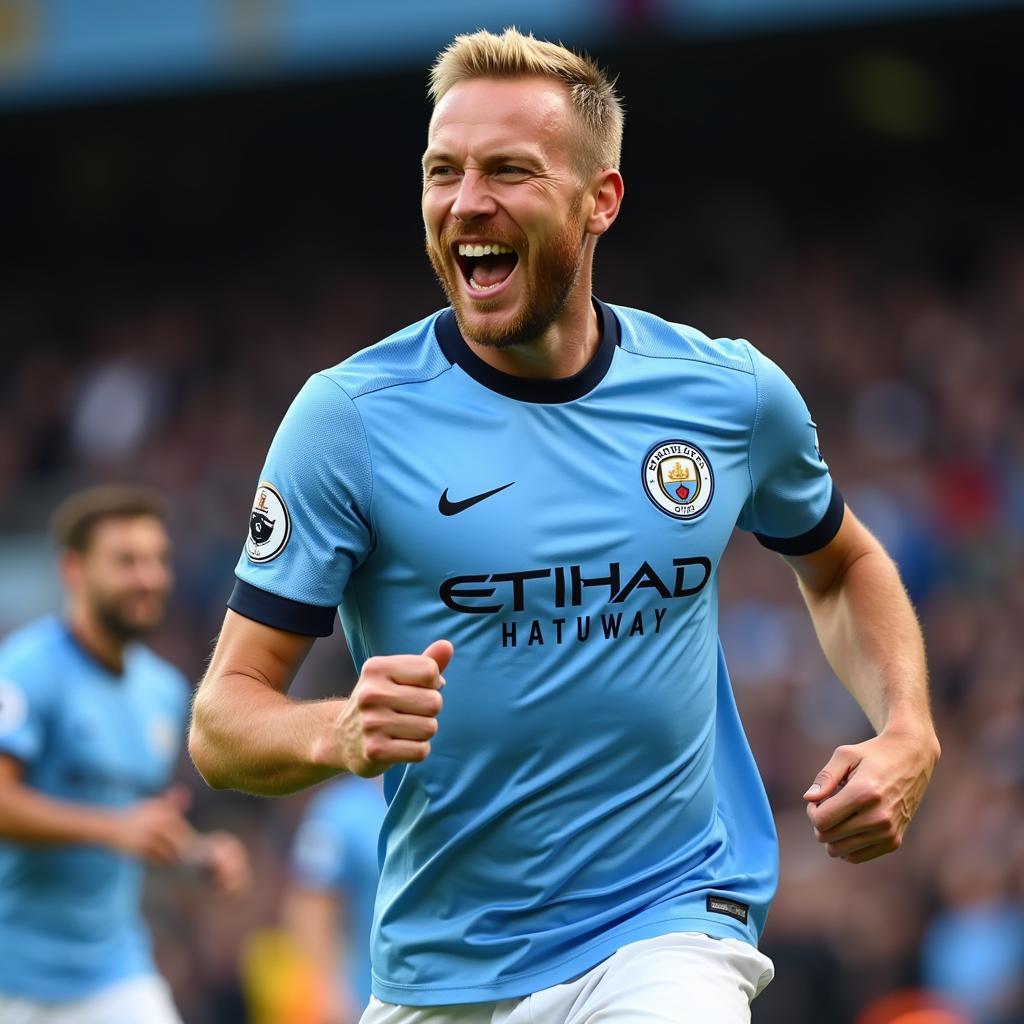 Erling Haaland celebrates a goal in a Manchester City jersey