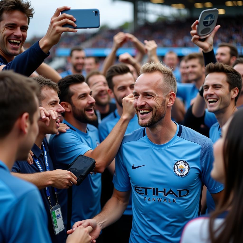 Erling Haaland interacts with Manchester City fans after a match.