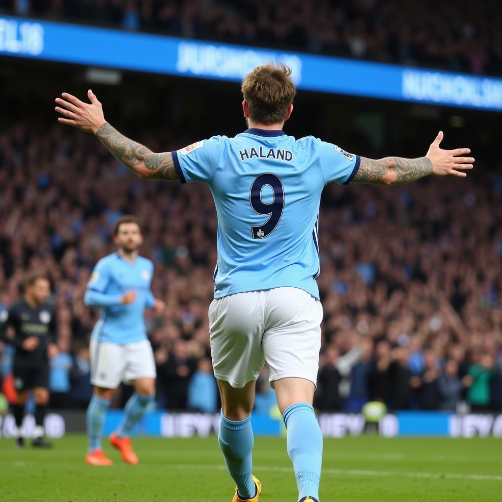 Erling Haaland celebrates a goal in his Man City number 9 shirt