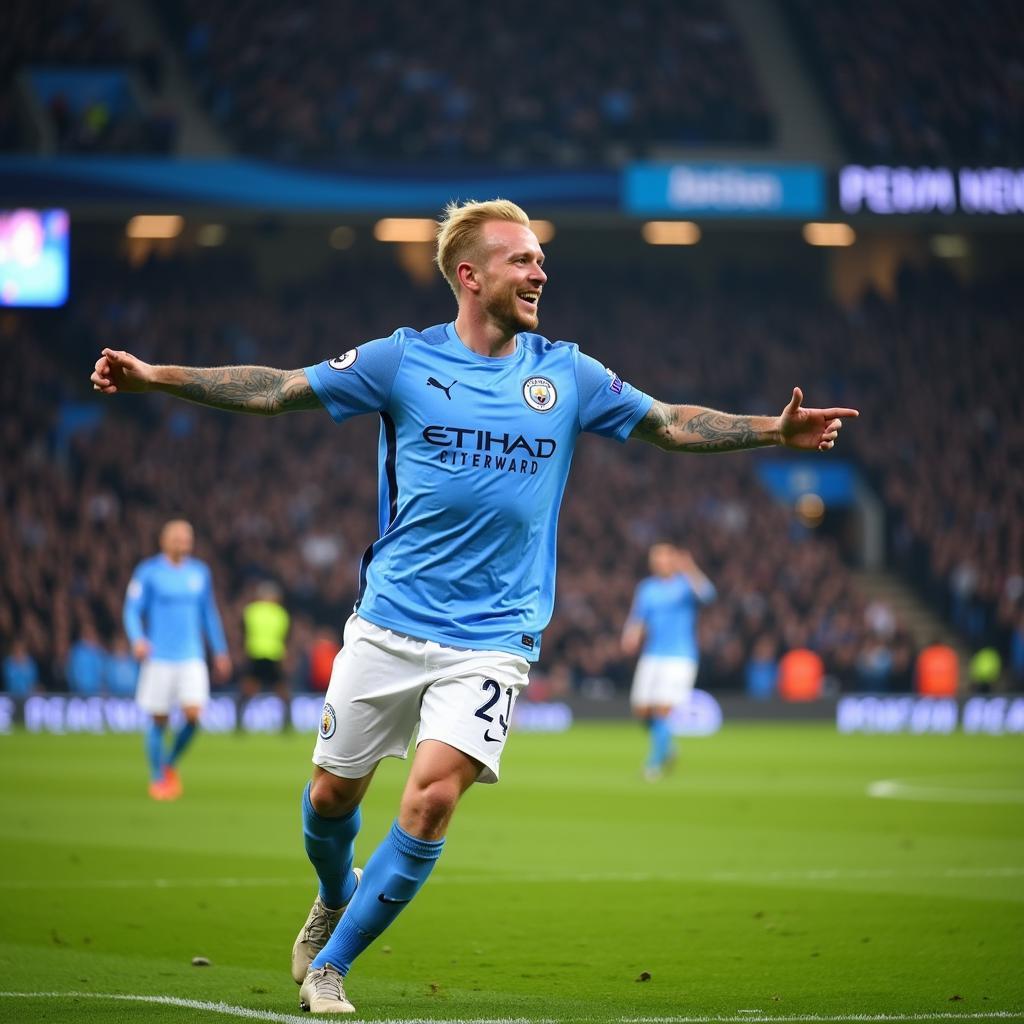 Erling Haaland celebrates a goal for Man City