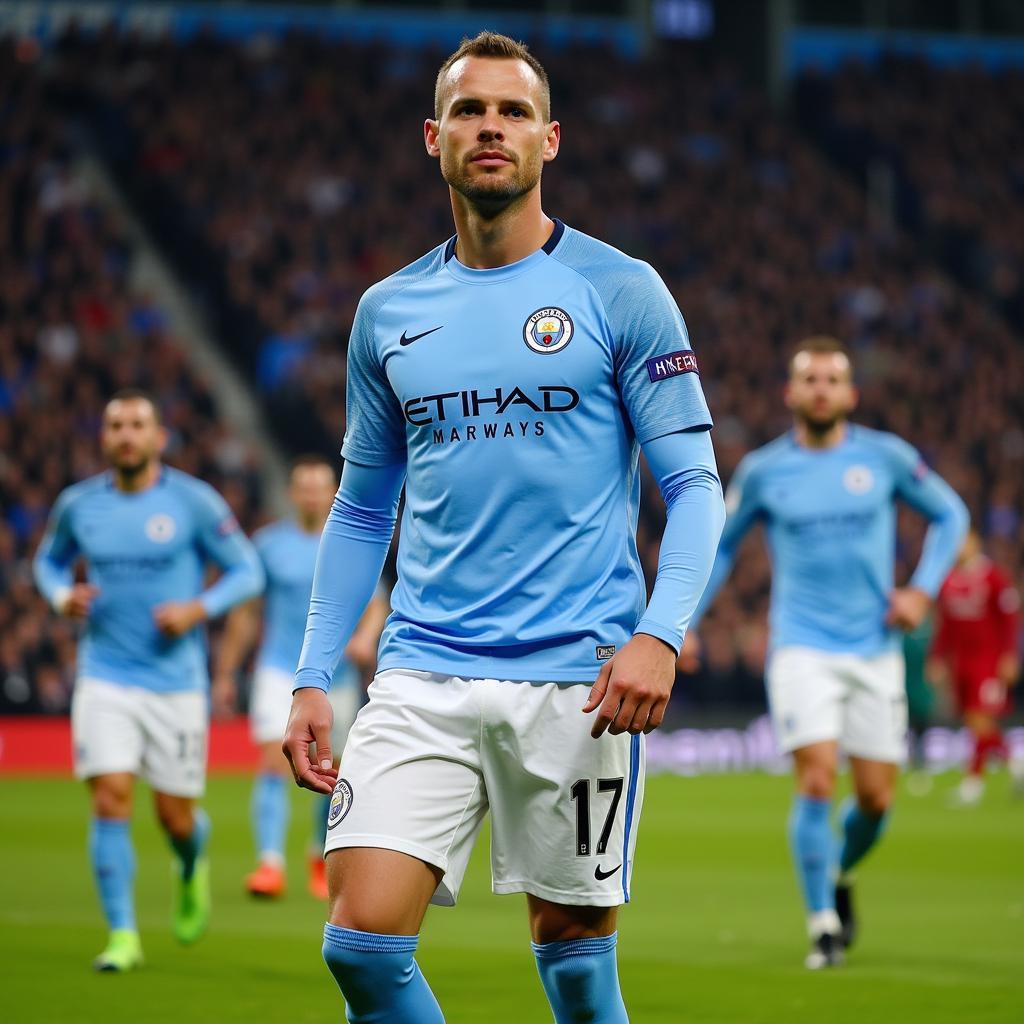 Erling Haaland celebrating a goal in a Manchester City kit